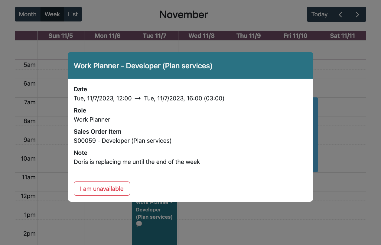 Odoo Planning - Modal menukar shift