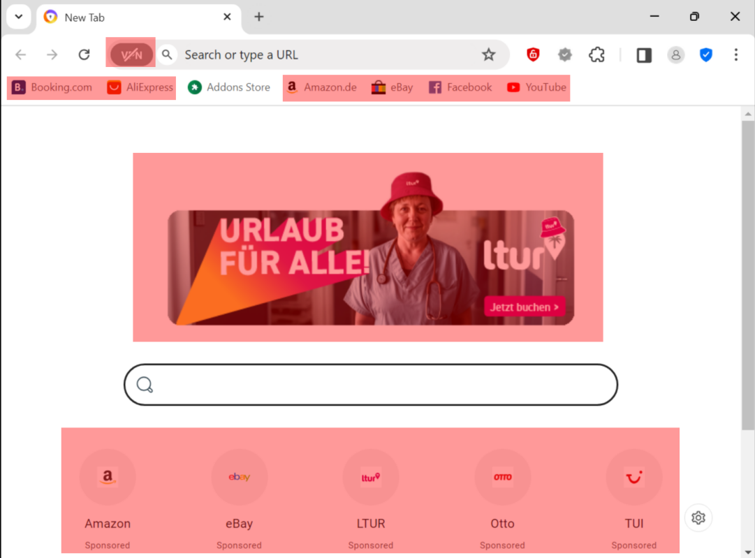 Screenshot of a browser showing a new tab, most of it marked with half-transparent red. The marked areas are: VPN button next to the location bar, bookmarks bar (six out of seven bookmarks), the space above the search bar (German-language ad for a tourism company) and the space below it (more sponsored bookmarks).