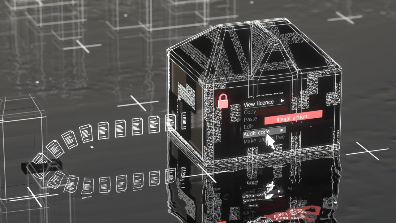 A digital building disallows to audit its code. A metaphor for software blackboxes.