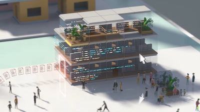 Illustration from the video about Public Money, Public Code! showing what looks like a public administration building with Free Software. There are files entering or leaving the building on the left side, the building looks modern and full of plants and you can see lines of code on its fachade. There are people walking around it