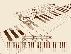 Black and white drawing of sheet music and piano keys