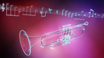 3d image of a musical trumpet with notes on a pink background