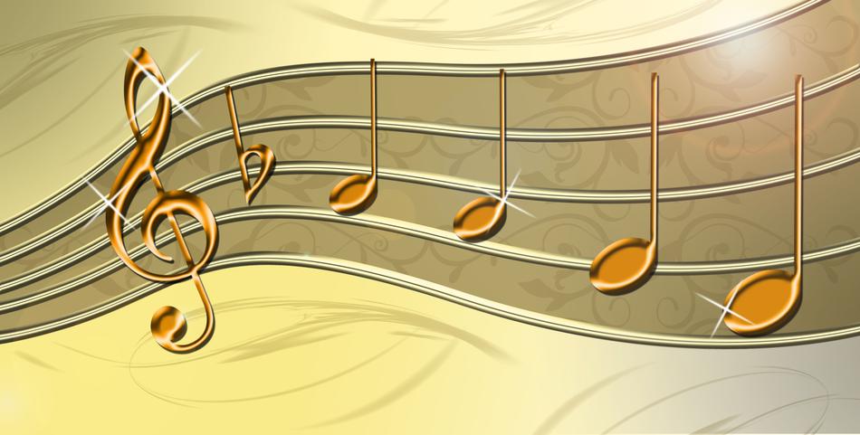 golden treble clef and music notes on beige background