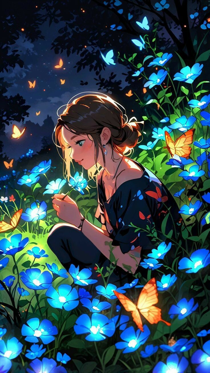 Luminescent, AI Wallpapers, Butterflies, Glowing Flowers, Cartoon Girl, Dreamy Picture, Fairytale Art