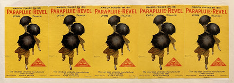 Advertisement for Parapluie-Revel umbrellas featuring a row of men holding open umbrellas.