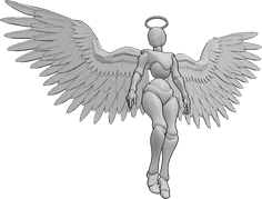 Pose Reference- Female angel wings pose - Female with angel wings and halo floating in the air and looking to the right