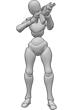 Pose Reference- Female standing shooting pose - Female is standing, holding a galil with both hands and aiming, shooting