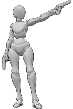 Pose Reference- Pistol shooting pose - Female is standing, holding pistols in both hands and shooting with her left hand