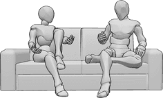 Pose Reference- Couch sitting talking pose - Female and male are sitting on the couch and talking, gesturing with their hands