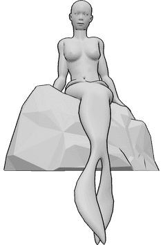 Referência de poses- Sereia feminina em pose sentada - Sereia feminina sentada numa rocha, referência de desenho de anatomia de sereia