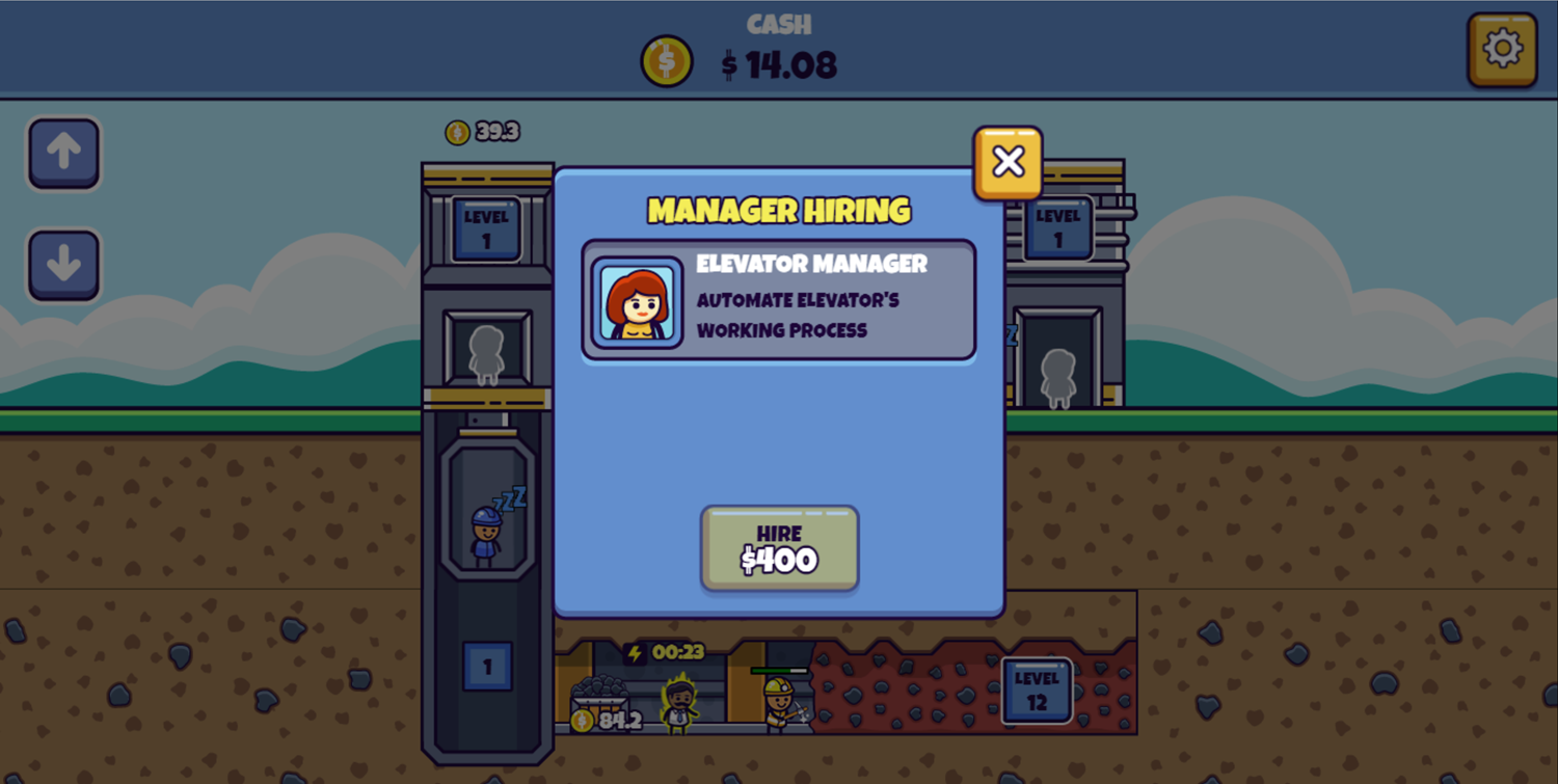 Idle Mining Empire Game Elevator Manager Screenshot.