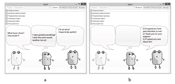 Figure 5. Emotional computer agents, software interface. Kotov A. A. (2017). A computational model of consciousness for artificial emotional agents. Psychology in Russia: State of the Art, 10 (3), 57-73. 