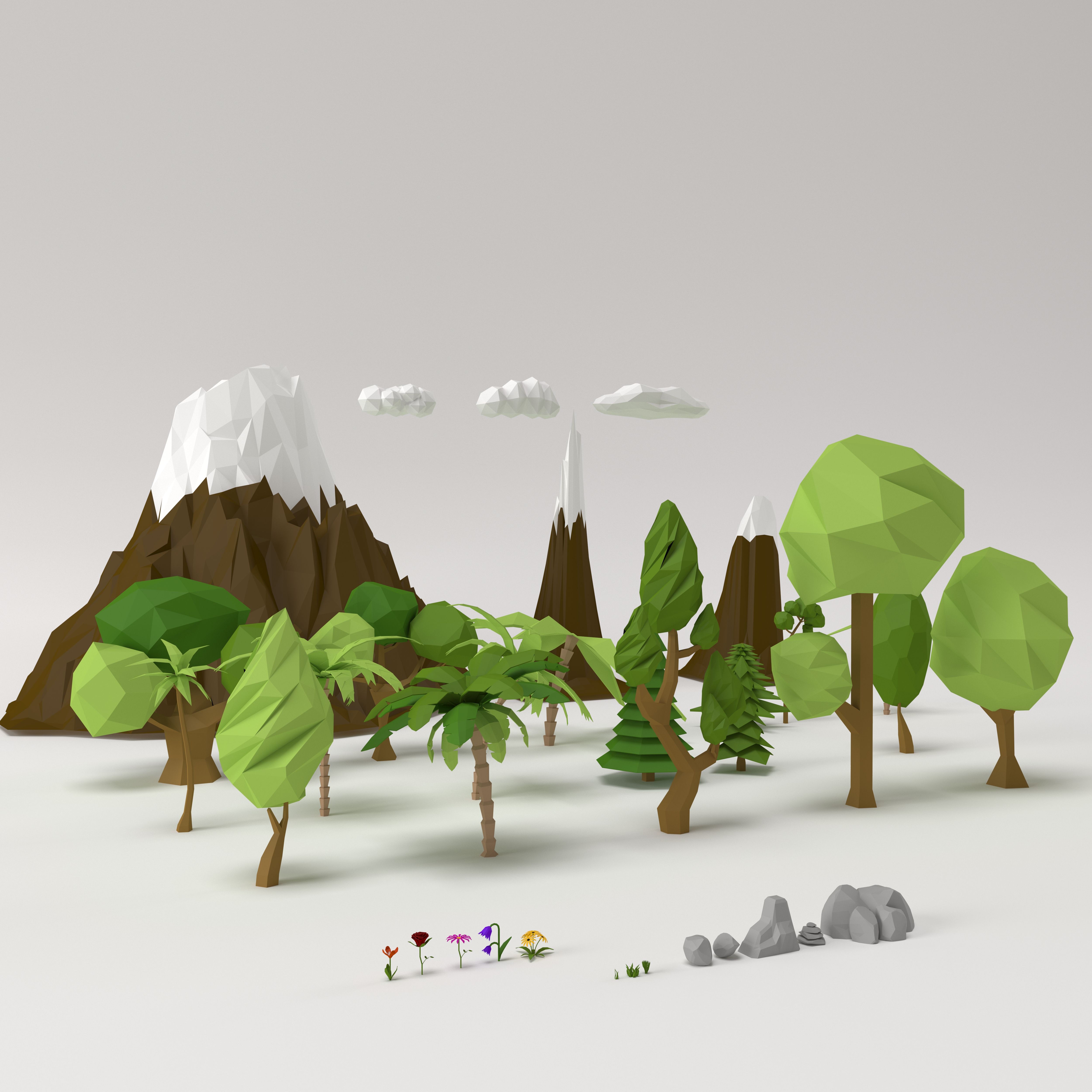 Low poly Trees Flowers Grass Rocks Clouds and Mountains 3d model