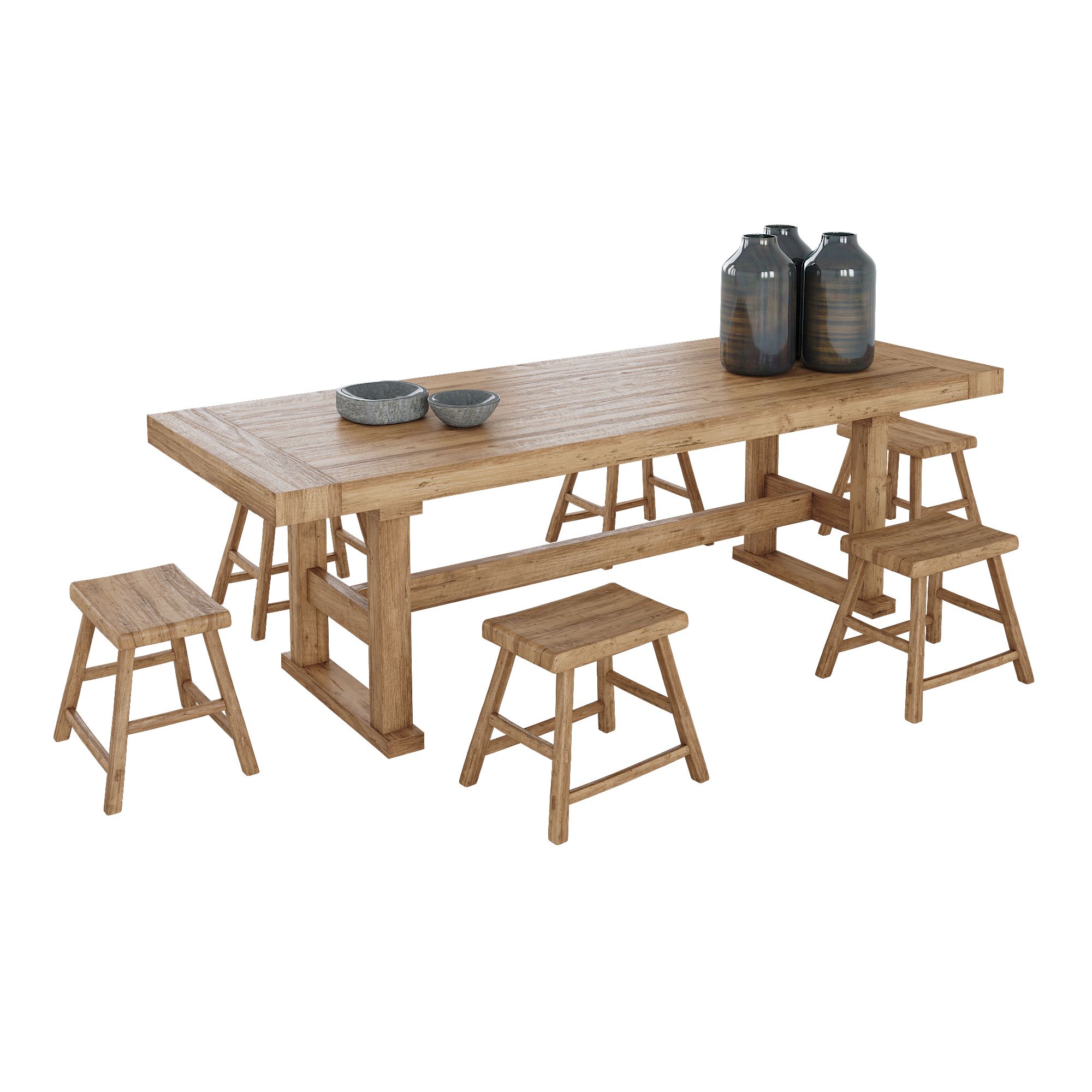 Wooden Table and Stools 3d model