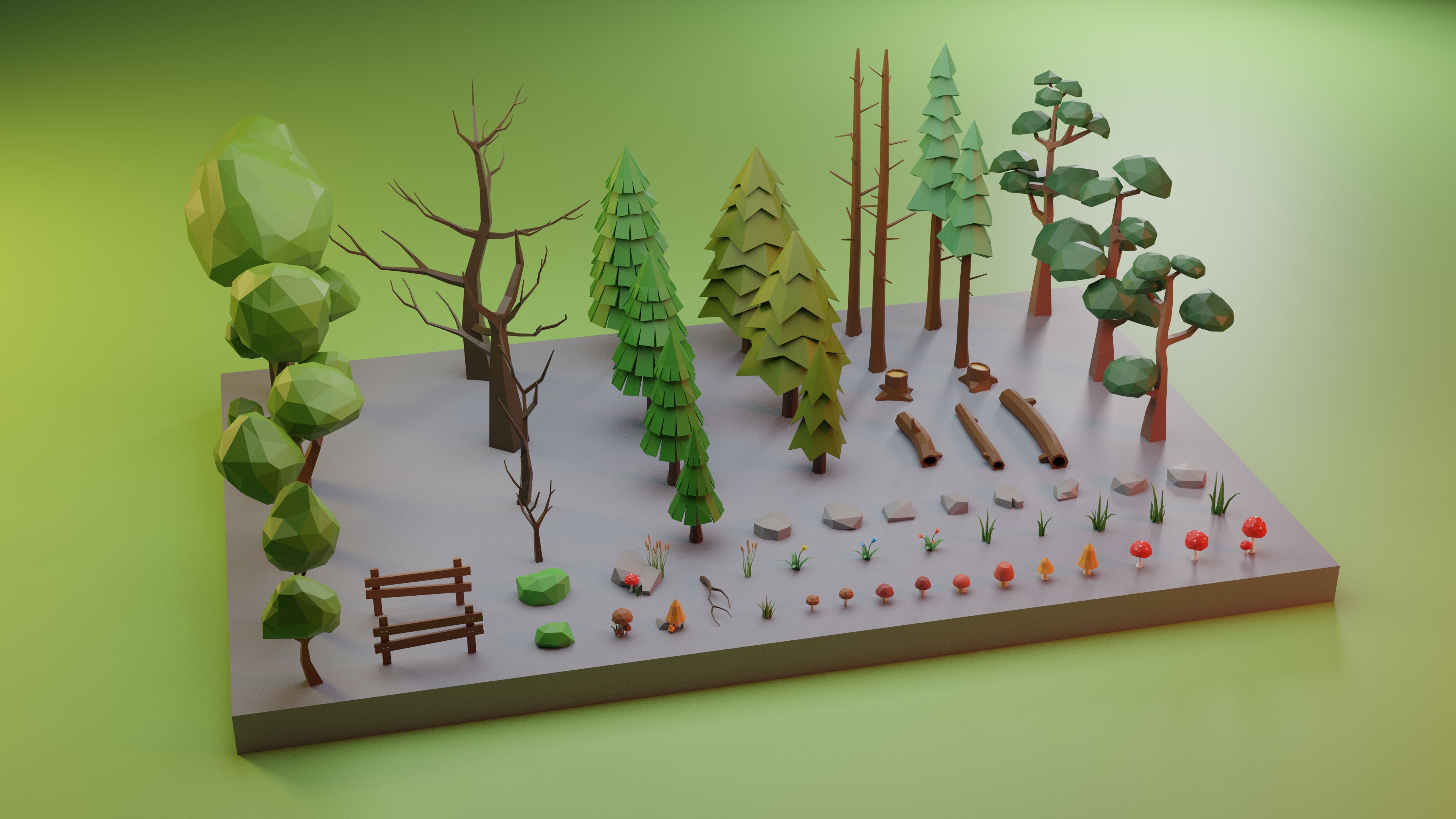 Low Poly Trees Grass and Rocks royalty-free 3d model - Preview no. 1