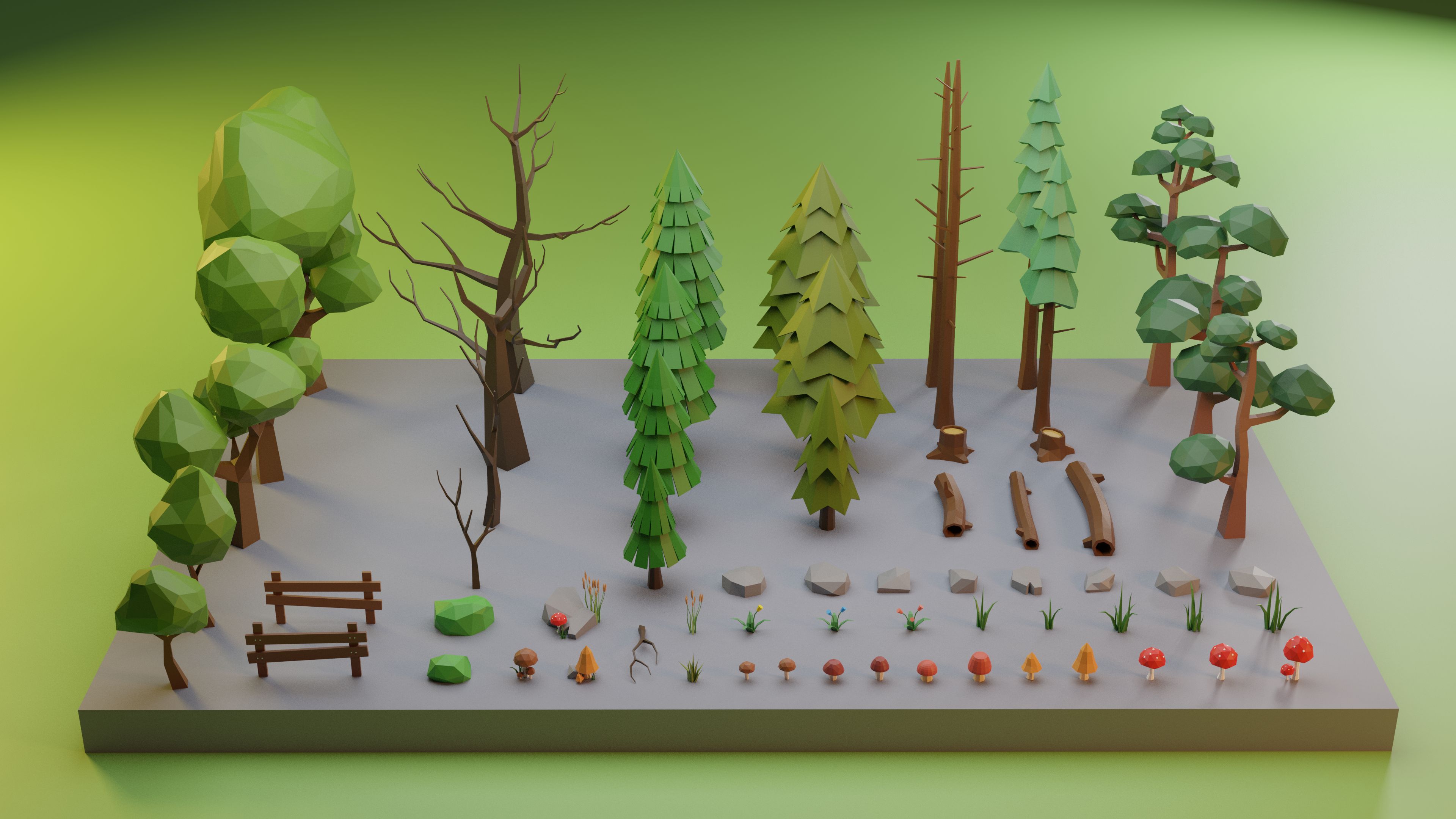 Low Poly Trees Grass and Rocks royalty-free 3d model - Preview no. 5