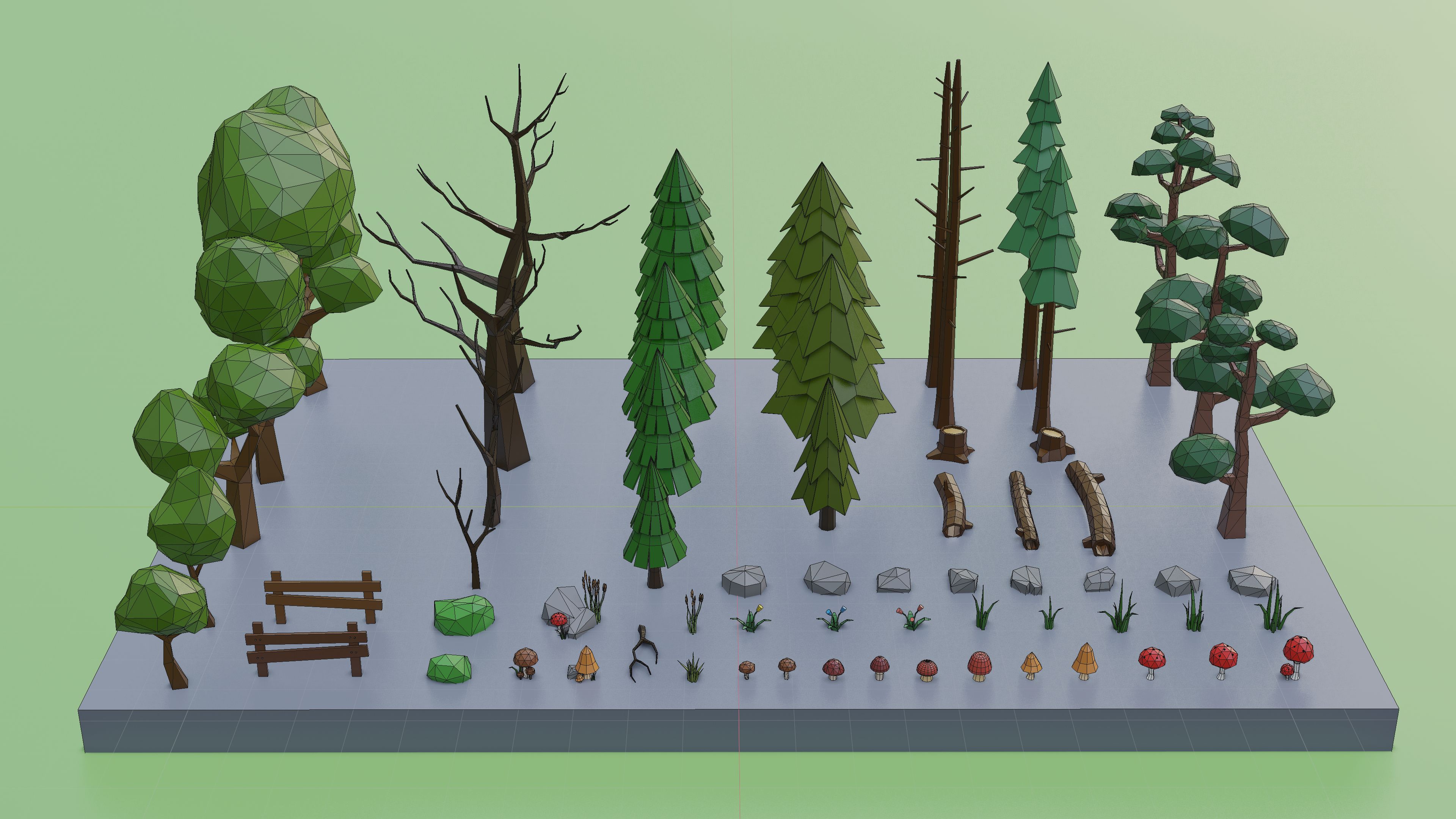 Low Poly Trees Grass and Rocks royalty-free 3d model - Preview no. 6