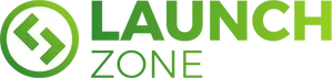 A white circle with a green border with two <> symbols in green, followed by "LaunchZone" in green gradient capitals