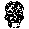 A black pixel-art skull resembling a calavera, on a white background