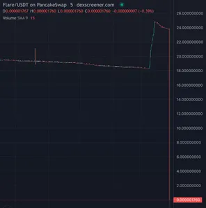 Chart showing the price of $FLARE (denominated in USDT) over the previous five days. The price hovered between $18 and $20, until briefly spiking to around $25 before plummeting to $0.000001754.