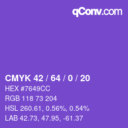 Code couleur: CMYK 42 / 64 / 0 / 20 | qconv.com