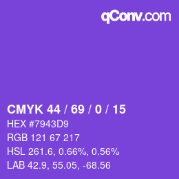 Code couleur: CMYK 44 / 69 / 0 / 15 | qconv.com