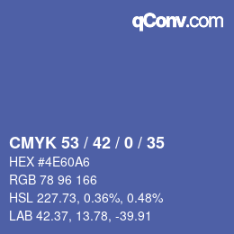 Code couleur: CMYK 53 / 42 / 0 / 35 | qconv.com