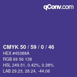 カラーコード: CMYK 50 / 59 / 0 / 46 | qconv.com