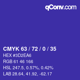 カラーコード: CMYK 63 / 72 / 0 / 35 | qconv.com