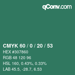 Code couleur: CMYK 60 / 0 / 20 / 53 | qconv.com