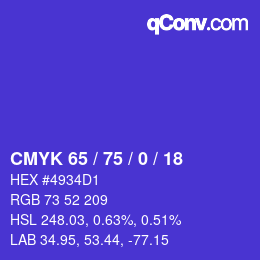 カラーコード: CMYK 65 / 75 / 0 / 18 | qconv.com