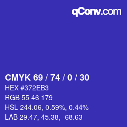 Code couleur: CMYK 69 / 74 / 0 / 30 | qconv.com