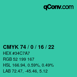 Code couleur: CMYK 74 / 0 / 16 / 22 | qconv.com