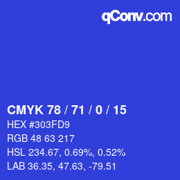 Code couleur: CMYK 78 / 71 / 0 / 15 | qconv.com