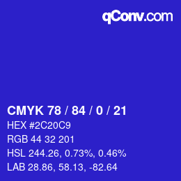 Code couleur: CMYK 78 / 84 / 0 / 21 | qconv.com