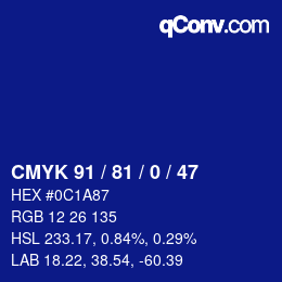 Code couleur: CMYK 91 / 81 / 0 / 47 | qconv.com