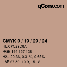 Code couleur: CMYK 0 / 19 / 29 / 24 | qconv.com