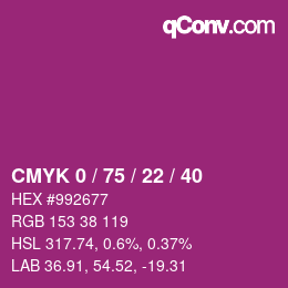 Code couleur: CMYK 0 / 75 / 22 / 40 | qconv.com