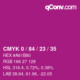 Code couleur: CMYK 0 / 84 / 23 / 35 | qconv.com