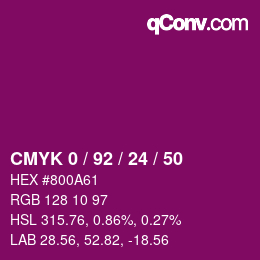 Code couleur: CMYK 0 / 92 / 24 / 50 | qconv.com