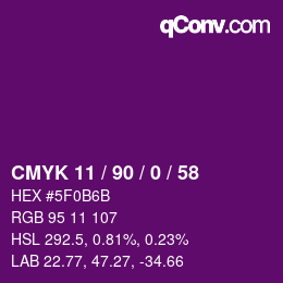 Code couleur: CMYK 11 / 90 / 0 / 58 | qconv.com