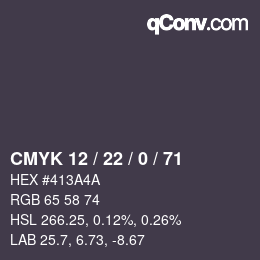 Code couleur: CMYK 12 / 22 / 0 / 71 | qconv.com