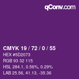 Code couleur: CMYK 19 / 72 / 0 / 55 | qconv.com