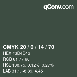 Color code: CMYK 20 / 0 / 14 / 70 | qconv.com