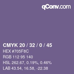 Code couleur: CMYK 20 / 32 / 0 / 45 | qconv.com