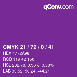 Code couleur: CMYK 21 / 72 / 0 / 41 | qconv.com