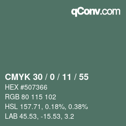 Code couleur: CMYK 30 / 0 / 11 / 55 | qconv.com