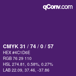 Code couleur: CMYK 31 / 74 / 0 / 57 | qconv.com