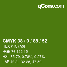 Color code: CMYK 38 / 0 / 88 / 52 | qconv.com