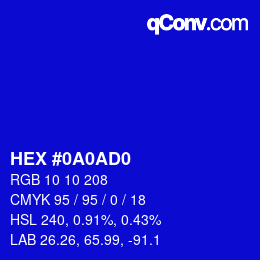 Code couleur: HEX #0A0AD0 | qconv.com